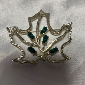 Gold Leaf Brooch with Green Accents